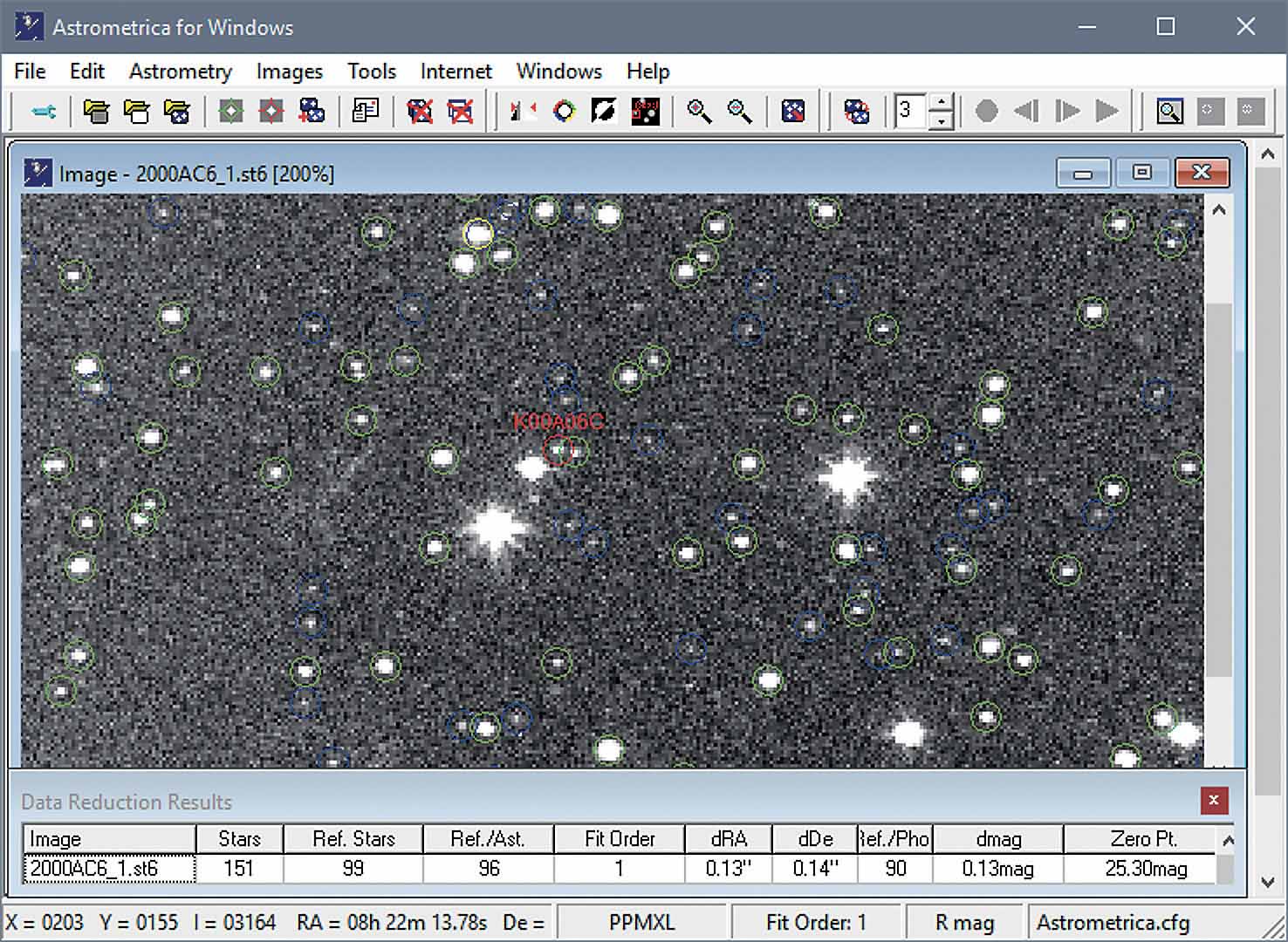 Astrometrica's graphical user interface with a successfully detected star field. M. Weigand