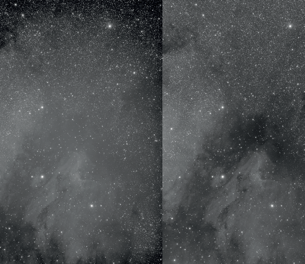 A contrast-enhanced CCD image of the Pelican Nebula before (left) and after flat field correction (right). The visibility of the structures and dark clouds improves significantly and the dark corners of the image disappear. M.Weigand