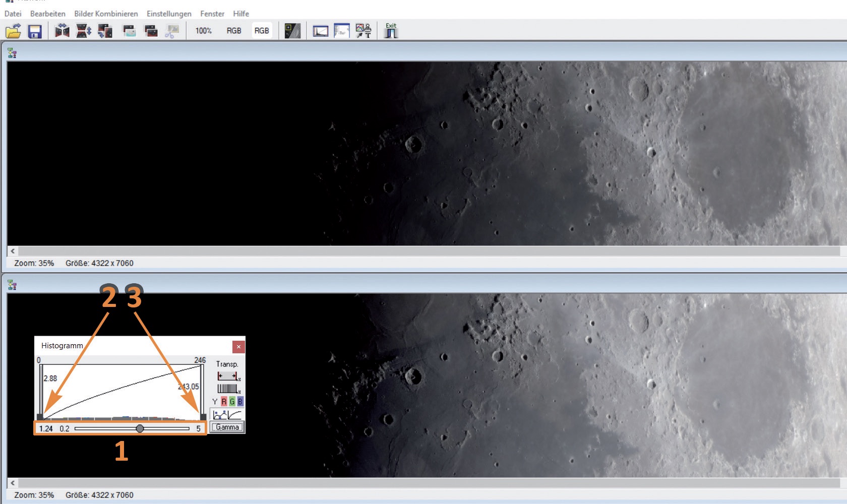 The gamma control (1) slightly lightens the dark areas at the terminator. Black (2) and white (3) values are used to adjust the contrast where necessary. M. Weigand
