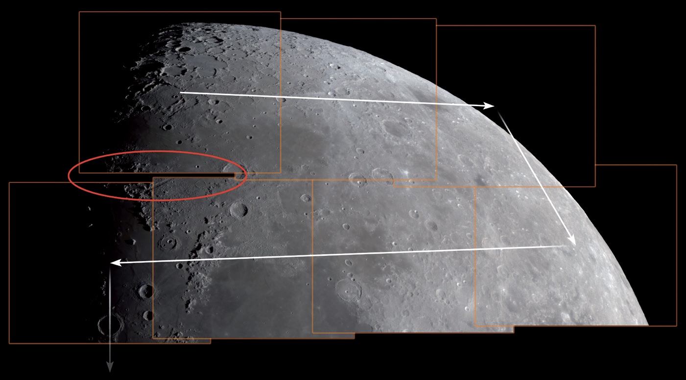You will track across the surface of the moon section by section during the imaging process, like travelling along a winding road. However, you should ensure you have good tracking or plenty of overlap overlap to avoid irritating defects. It is also helpful if the edges of the image are oriented parallel to the direction of movement as much as possible M. Weigand