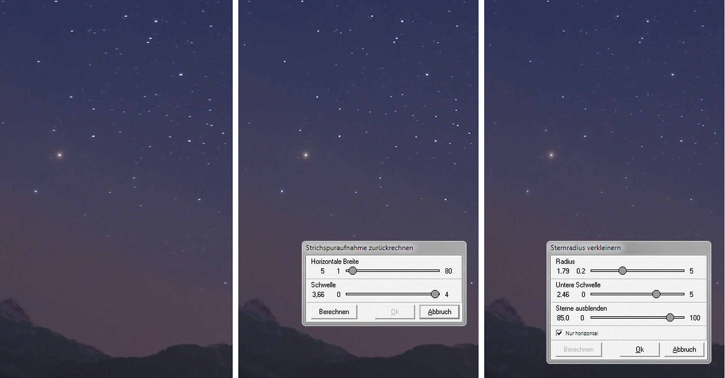 An image of the constellation Scorpio over the Alps (left). The image still shows clearly distorted stars even when reduced. The middle image shows the result of selecting Deconvolute Star Trails and the settings used. On the right are the settings and the result of selecting Decrease Star Radius. M. Weigand