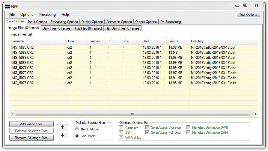 Add Image Files in the lower left-hand corner loads the image data to be processed.
Dark and flat field images can be loaded into separate lists if required. The image type is selected in the lower right section, which automatically sets the optimised program settings for that image. M.Weigand