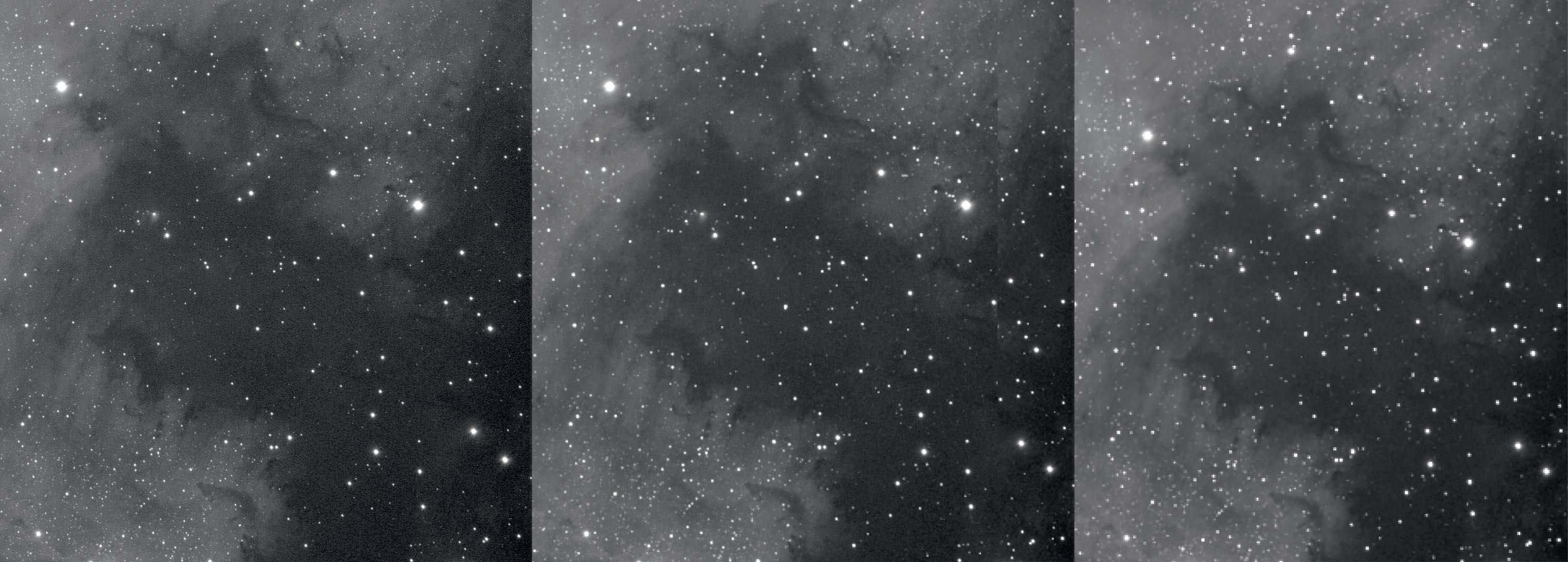 A section of the North America Nebula without binning, with 2x2 and with 3x3 binning (from left to right). Binning reduces resolution and improves signal-to-noise ratio. M.Weigand