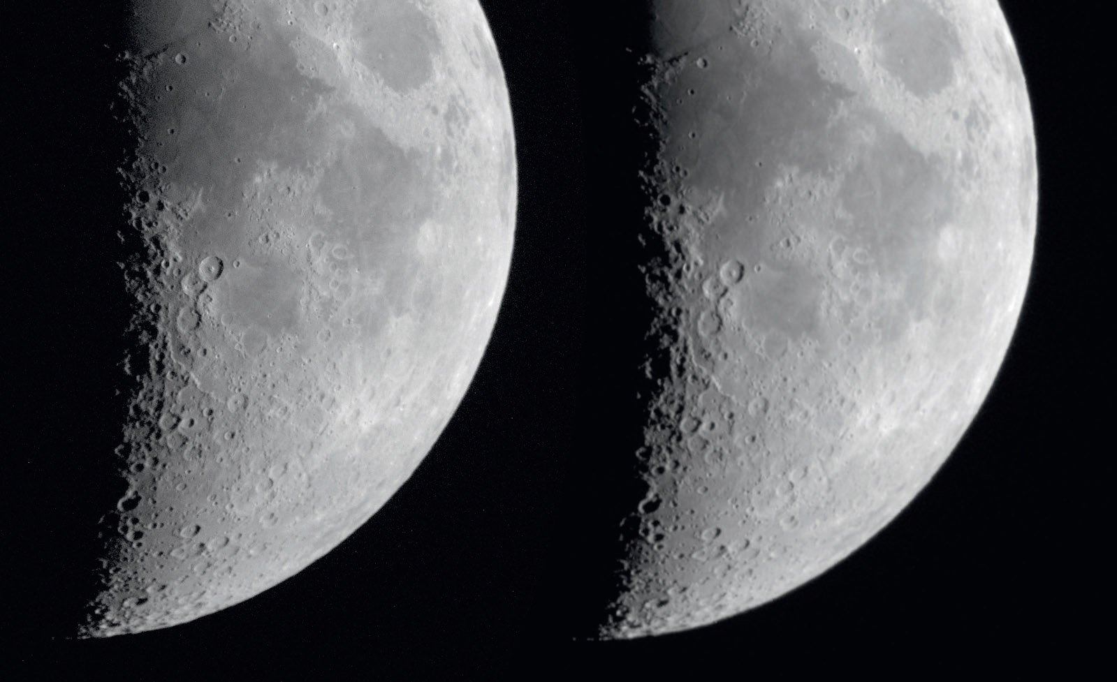 The effect of a reducer can be nicely illustrated on very short-exposure images of the Moon. The image of the Moon on the left is at f/12.4 and on the right with a reducer at f/6.7, both with the same exposure time and aperture. The reducer image has been enlarged to the same aspect ratio. M. Weigand