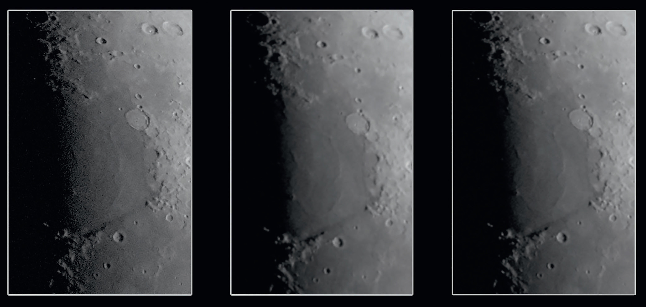 Enlarged sections illustrate the differences: without a reducer (left), the resolution is best, but structures in Mare Serenitatis at the terminator are drowned out by noise. With a reducer (centre), the depiction is much better, but the sharpness of detail has visibly deteriorated at the same time. Right: an image retroactively reduced using software delivers slightly more image noise than the original reducer image. M. Weigand