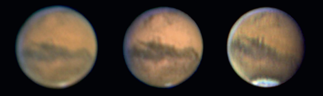 Fig. 4: Example of the use of an IR pass filter: Mars was very low in the sky in 2003. If the seeing is poor (left), the image looks very blurred. The IR-RGB method (centre) delivers clearer albedo structures, but still does not provide the quality of an RGB image with better seeing (right). All images were captured with a 150mm Maksutov telescope. Mario Weigand