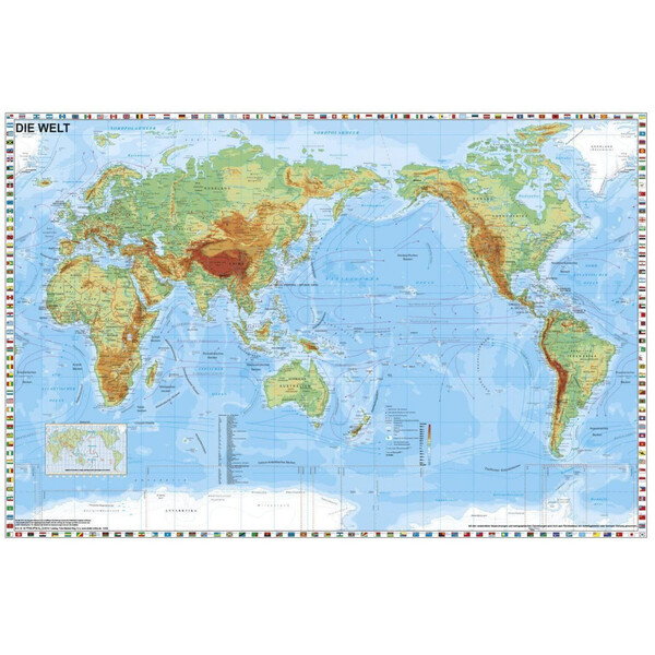 Stiefel World map physisch pazifikzentriert mit Flaggenrand (98 x 68 cm)
