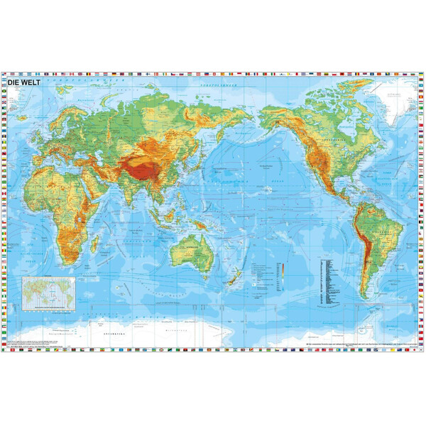 Stiefel World map Physically centred on the Pacific with a border of flags (98 x 68 cm)