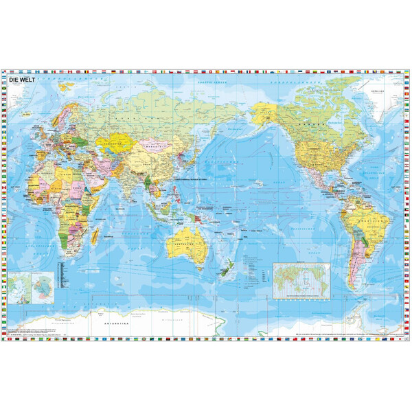 Stiefel World map politisch pazifikzentriert mit Flaggenrand (98 x 68 cm)
