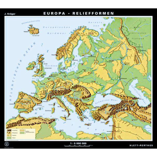 Klett-Perthes Verlag Continental map Europe relief/landscape forms (P) 2-seitig