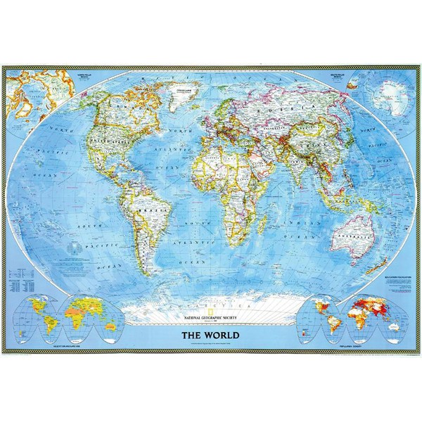 National Geographic Classic political world map, for pinning, framed (silver)