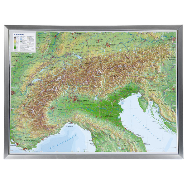 Georelief Large 3D relief map of the Alps, in aluminium frame (in German)