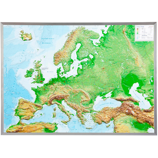 Georelief Large 3D relief map of Europe in aluminium frame (in German)