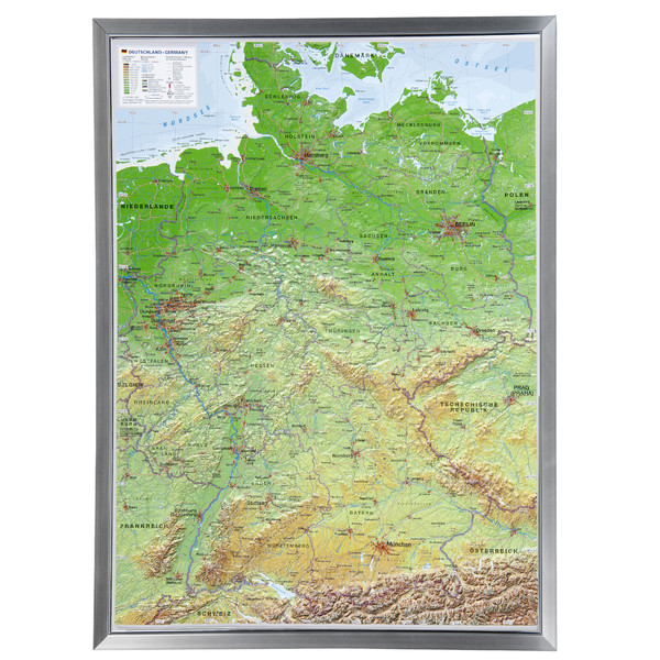 Georelief Large 3D relief map of Germany in aluminium frame (in German)