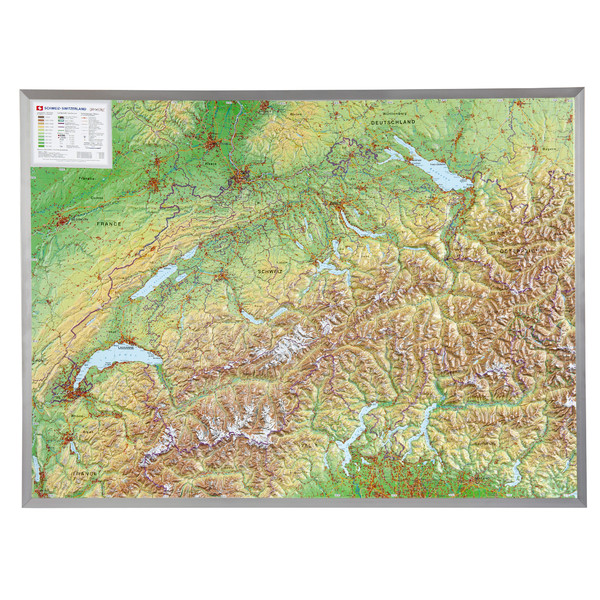 Georelief Large 3D relief map of Switzerland in aluminium frame (in German)