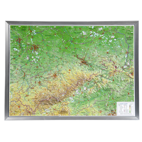 Georelief Large 3D relief map of Saxony in aluminium frame (in German)