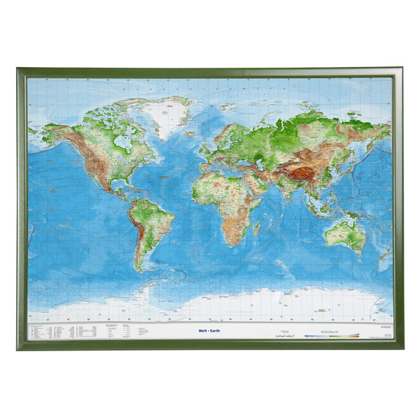 Georelief World map, large 3D relief map with wooden frame (in German)