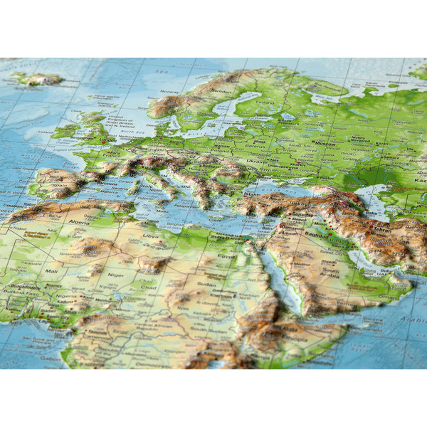 Georelief World relief map, large, 3D, with wooden frame