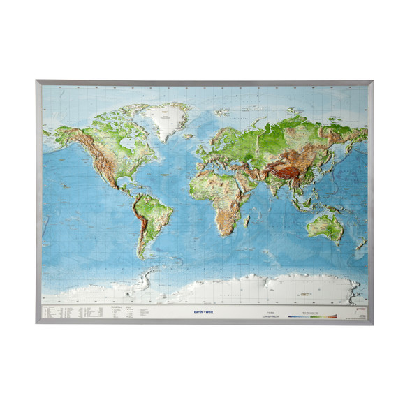 Georelief World relief map, large, 3D, with aluminium frame