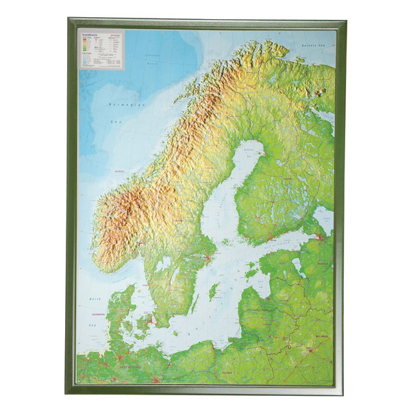 Georelief Scandinavia 3D relief map with silver plastic frame, large