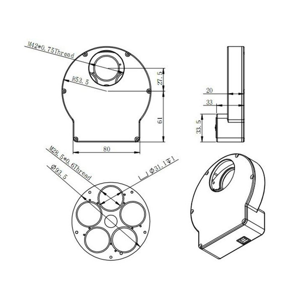 ZWO motorised Filter Wheel for 5x 1.25" or 5x 31 mm filters