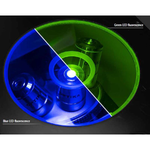 Optika Microscope IM-3FL4-UK, trino, inverse, FL-HBO, B&G Filters, IOS LWD U-PLAN F, 100x-400x, UK
