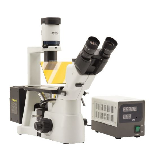 Optika Microscope IM-3FL4-UK, trino, inverse, FL-HBO, B&G Filters, IOS LWD U-PLAN F, 100x-400x, UK