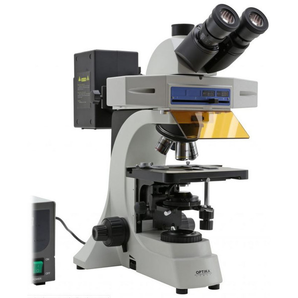 Optika Microscope Mikroskop B-510FL-UK, trino, FL-HBO, B&G Filter, W-PLAN, IOS, 40x-400x, UK