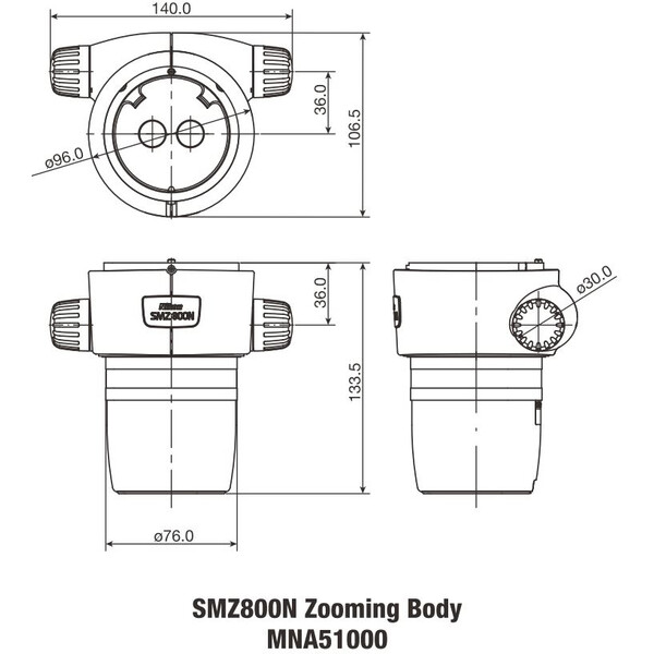 Nikon SMZ-800N Stereo Zoom Head, bino, 10-80x, click stop, ratio 8:1, 64 mm, 20°, WD 78 mm