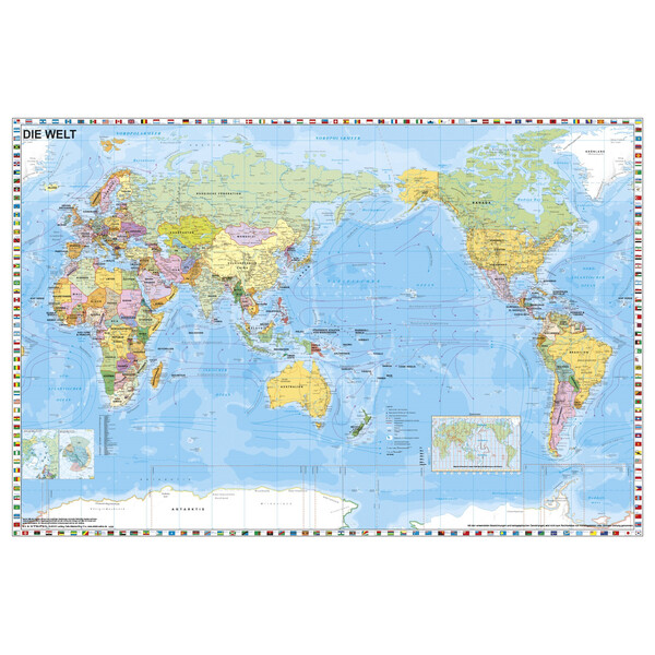 Stiefel World, political, Pacific-centred with flag border (98 x 68 cm)