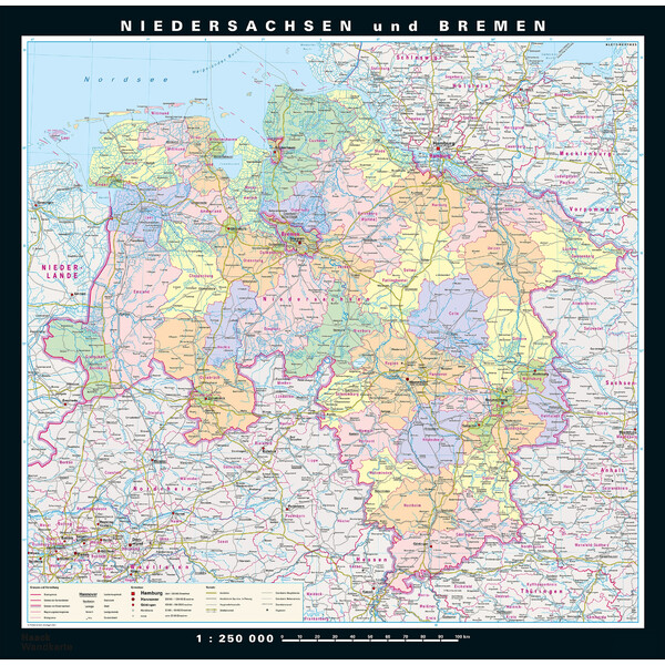 PONS Regional map Niedersachsen und Bremen physisch/politisch (148 x 150 cm)