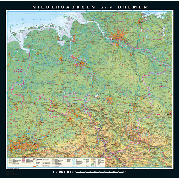 PONS Regional map Niedersachsen und Bremen physisch/politisch (148 x 150 cm)