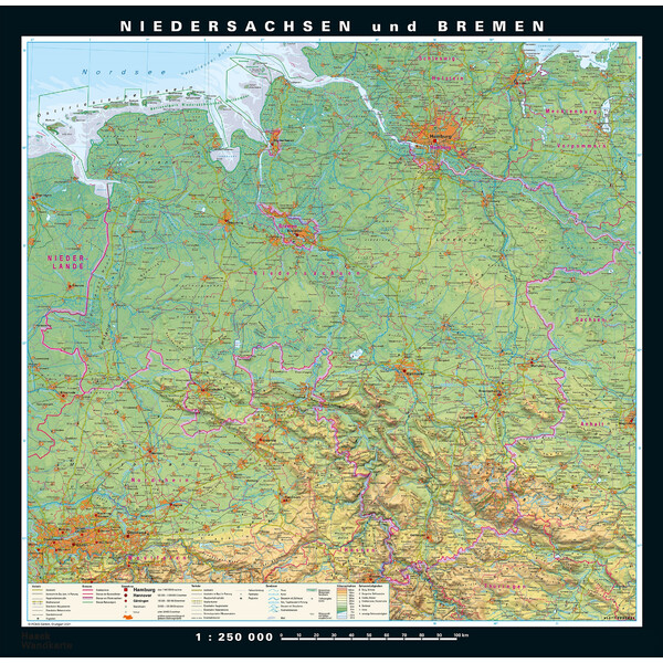 PONS Regional map Lower Saxony and Bremen physical/political (148 x 150 cm)