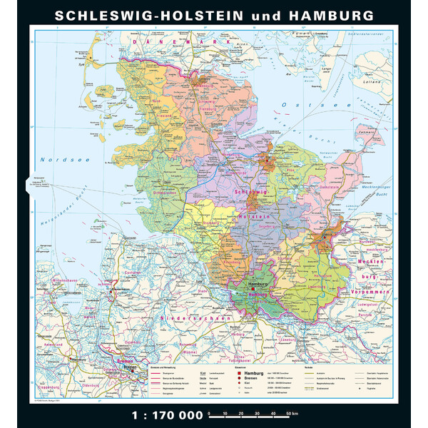 PONS Regional map Schleswig-Holstein and Hamburg physical/political (148 x 175 cm)