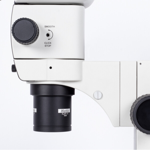 Motic SM7TR-P APO1X stereo zoom microscope, trino, 8-56X, WD 81 mm, 7:1