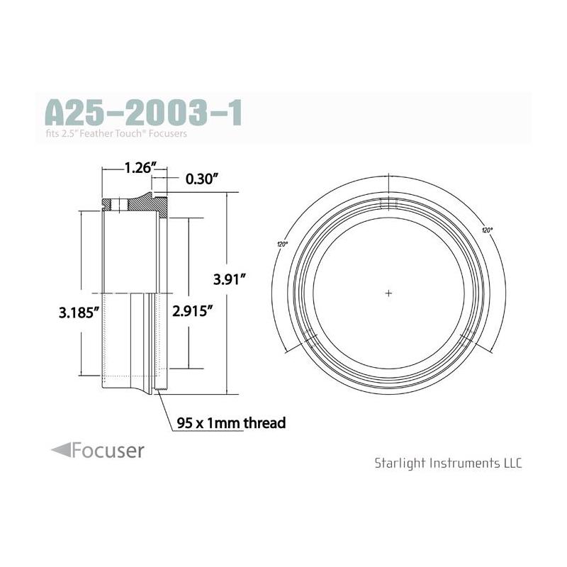 Starlight Instruments 2.5" - 95x1mm male thread adapter, 0.9" L (this is our FTF25 series teflon-coupled collar)