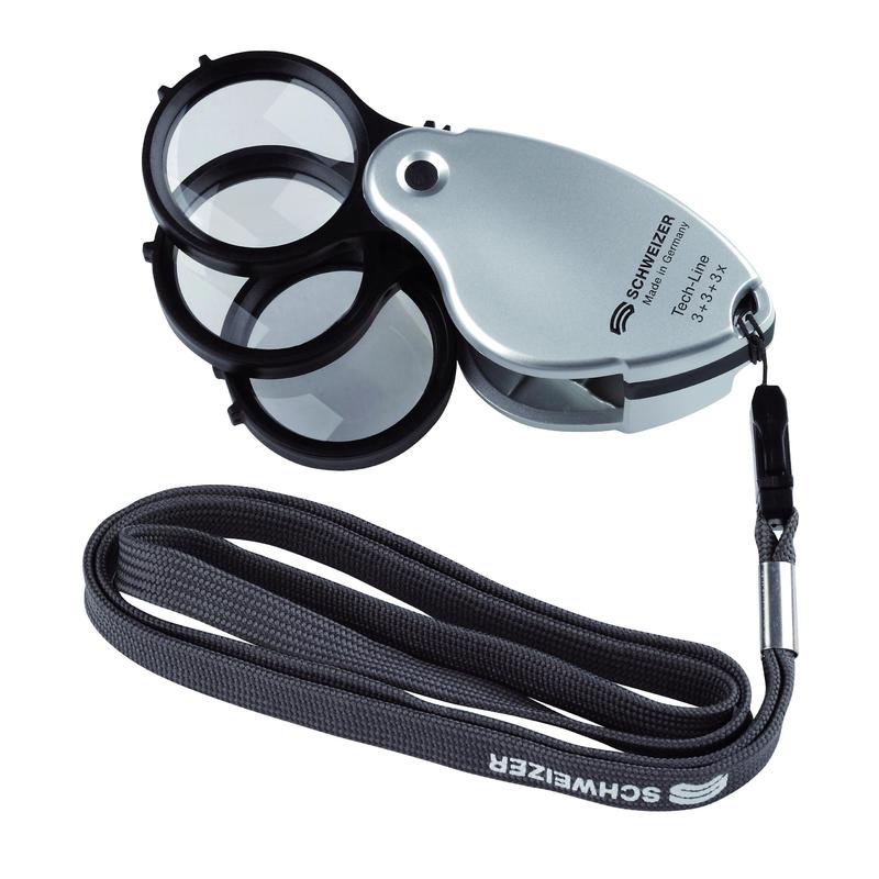 Schweizer Magnifying glass Tech-Line 3X+3X+3X=9X multi folding magnifier with lanyard