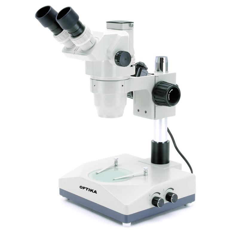 Optika SZR-10 trinocular stereo zoom microscope, pillar stand, 2 light sources