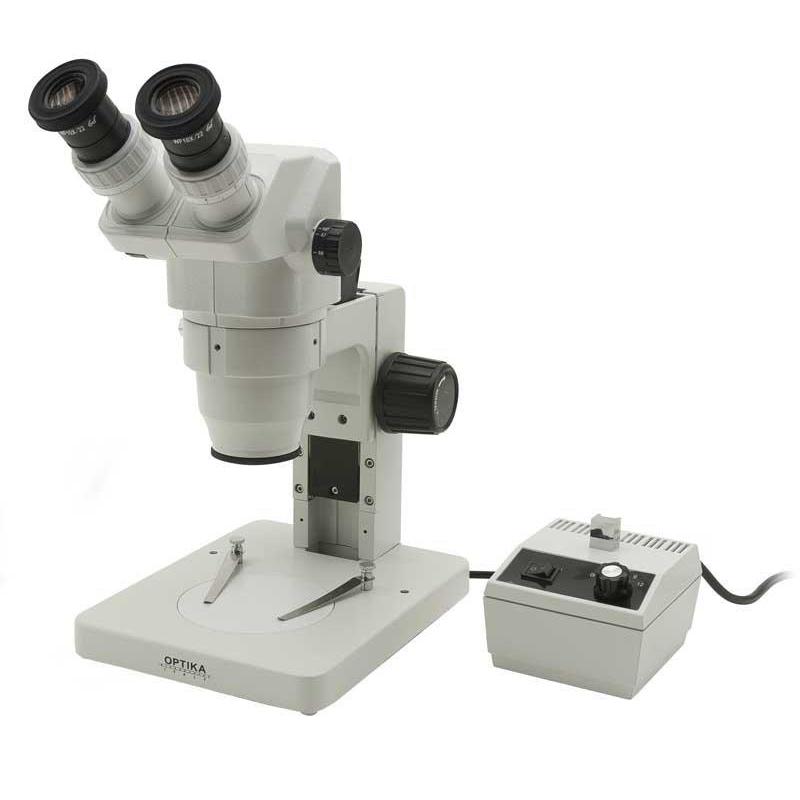 Optika SZR-3 binocular stereo zoom microscope, simple stand, 1 light source