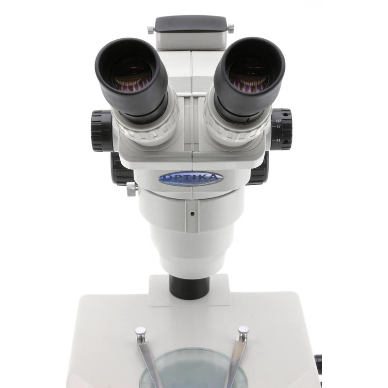 Optika SZR-5 binocular stereo zoom microscope, base with light, 1 light source