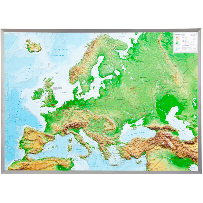 Georelief Large 3D relief map of Europe in aluminium frame (in German)