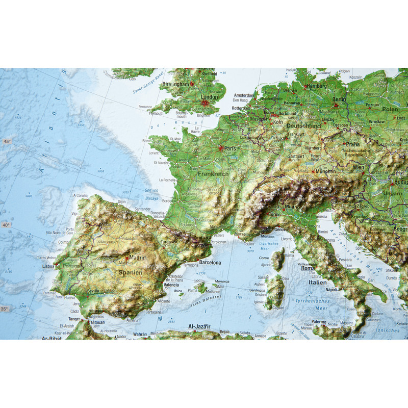 Georelief 3D relief map of Europe, small (in German)