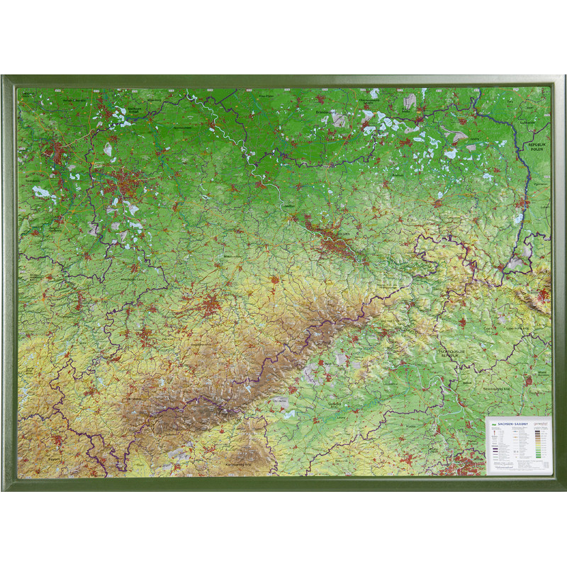 Georelief Large 3D relief map of Saxony, in wooden frame (in German)