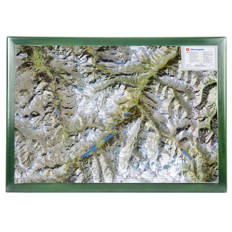 Georelief Map of the Upper Engadine in wooden frame (in German)