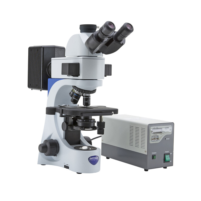 Optika Microscope B-383FL-UK, trino, FL-HBO, B&G Filters, N-PLAN, IOS, 40x-1000x, UK