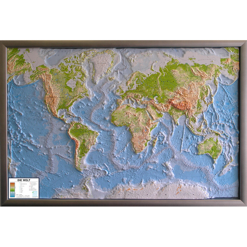 geo-institut Silver line physical relief map of the world (in German)