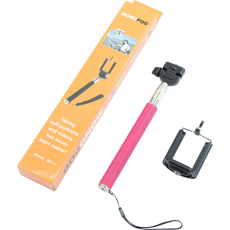 Aluminium monopod Selfie stick for smartphones and compact photo cameras, pink