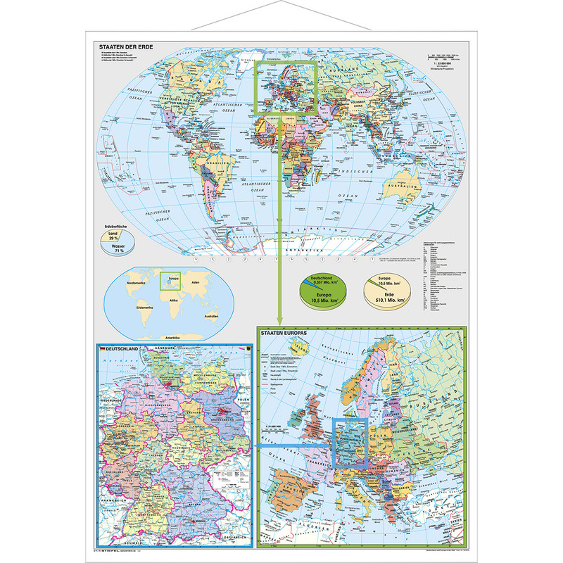 Stiefel Map of Germany and Europe in the World (in German), with metal strip