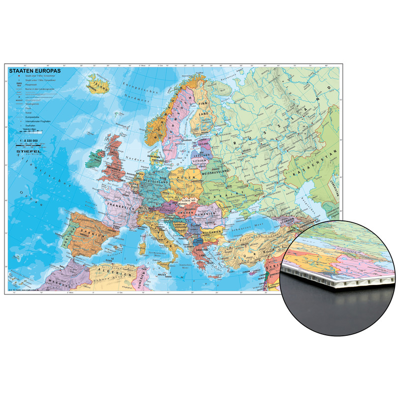 Stiefel map of European countries (in German) for pinning onto honeycomb board