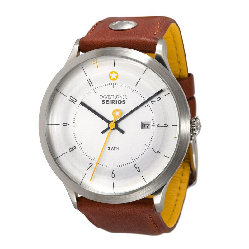 DayeTurner Clock SEIRIOS men's analogue silver watch - light brown leather strap